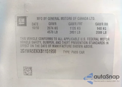 2011 Chevrolet Impala Ls z USA, uszkodzony, nr VIN 2G1WA5EKXB1151958